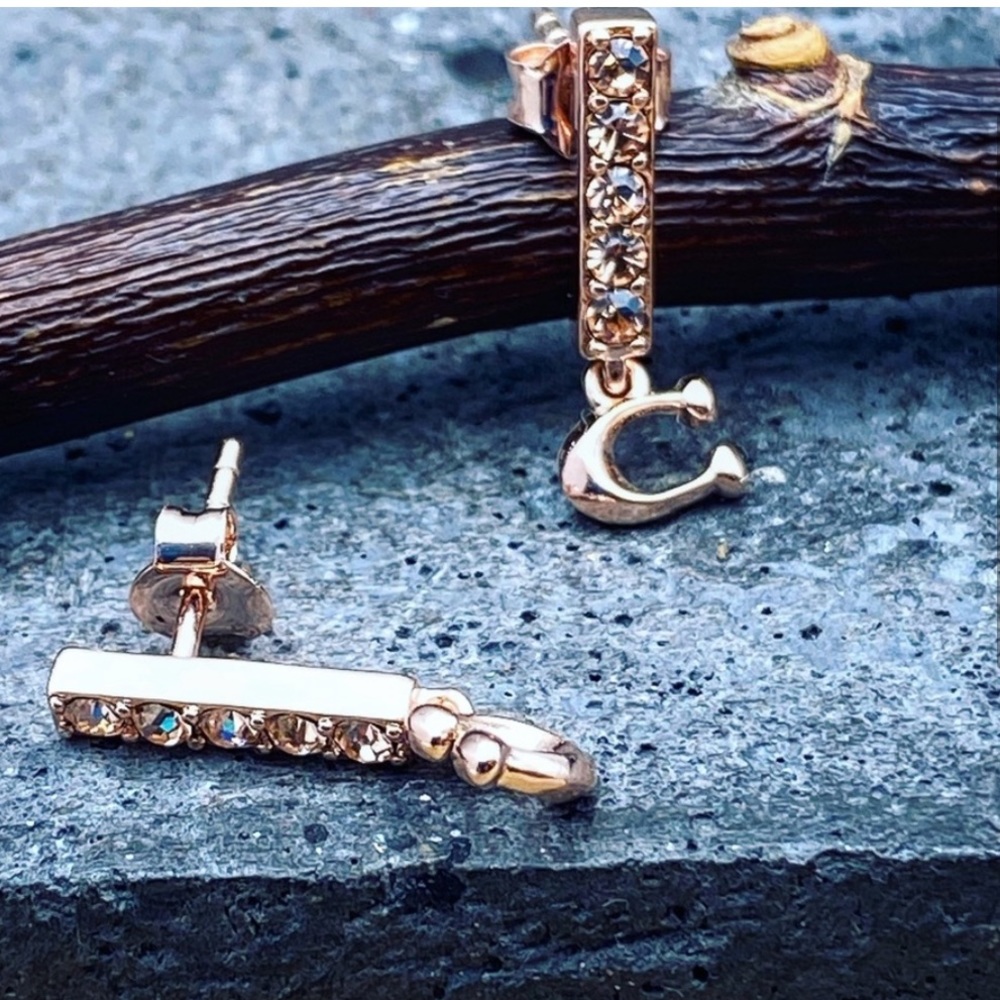 COACH Signature C Pave Bar Stud Earrings in Rose Gold - Picture 3 of 16